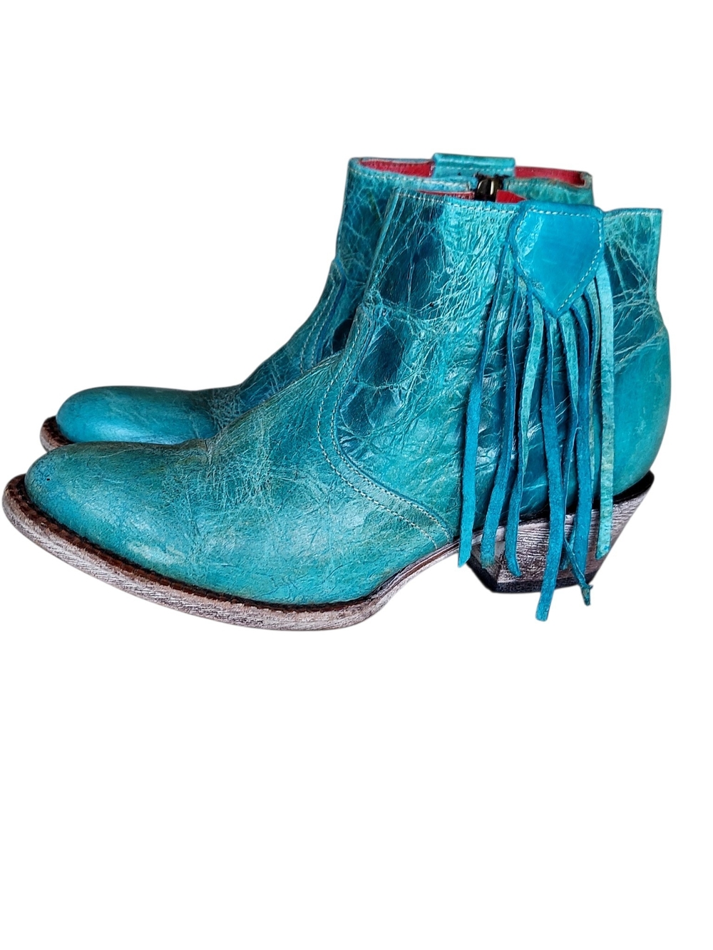 Ferrini Turquoise Teal Leather Fringe Western Ankle Boots 6.5 Coastal Cowgirl - Picture 2 of 12